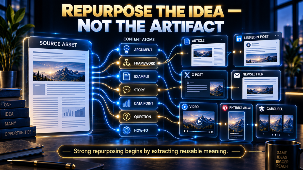Diagram showing how AI content repurposing extracts individual ideas from one source instead of copying the whole asset.