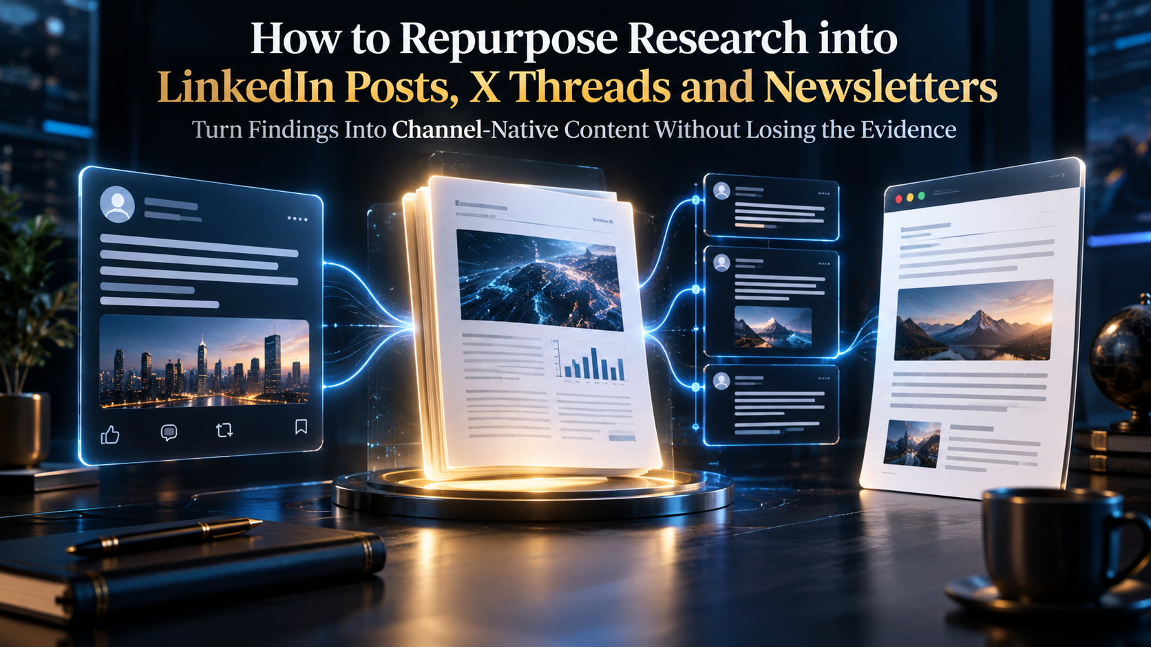 AI-assisted Repurpose Research for LinkedIn posts, X threads and newsletters while preserving evidence.