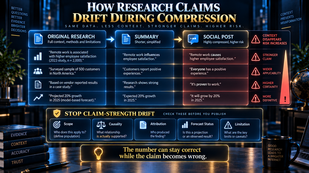 Research claim drift diagram showing how evidence can become overstated during repeated content compression.