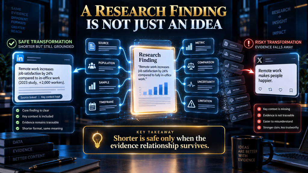 Diagram showing that a research finding must stay connected to its evidence when repurposed for social media and newsletters.