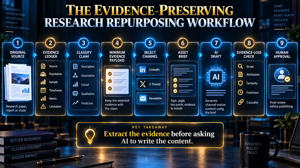 Evidence-preserving AI workflow for turning research findings into LinkedIn posts, X threads and newsletters.