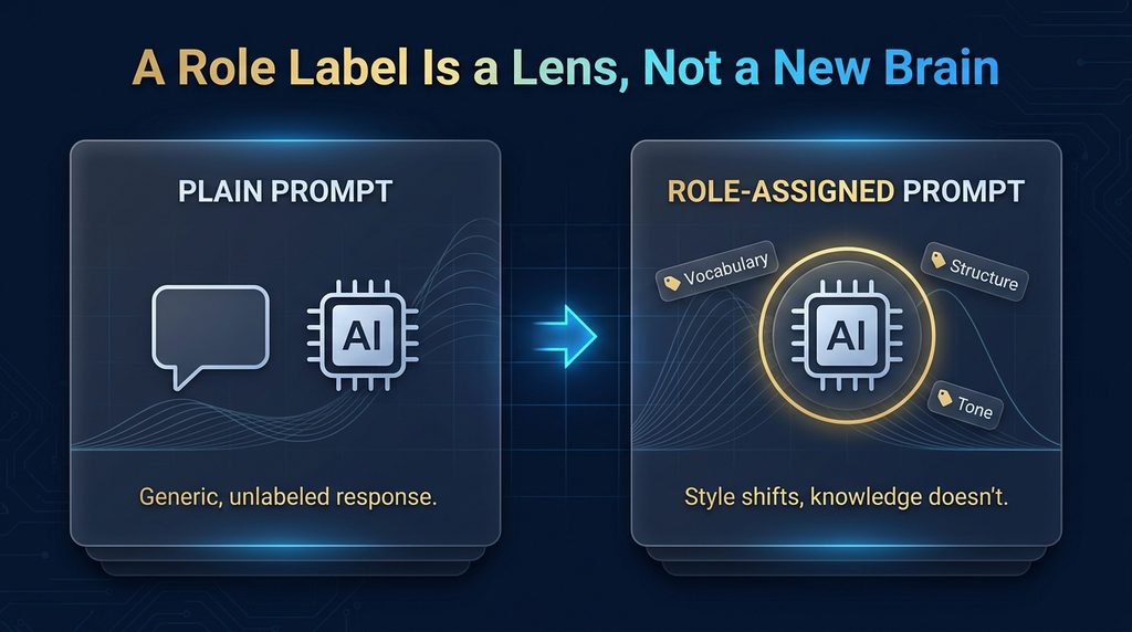 Infographic explaining the core concept of role prompting: a role label shifts an AI model's output style, not its underlying knowledge