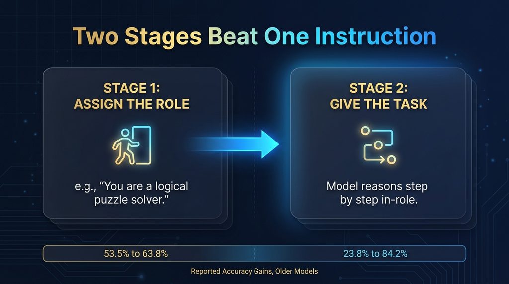 Diagram of the two-stage role-play prompting process shown to improve reasoning accuracy in AI models