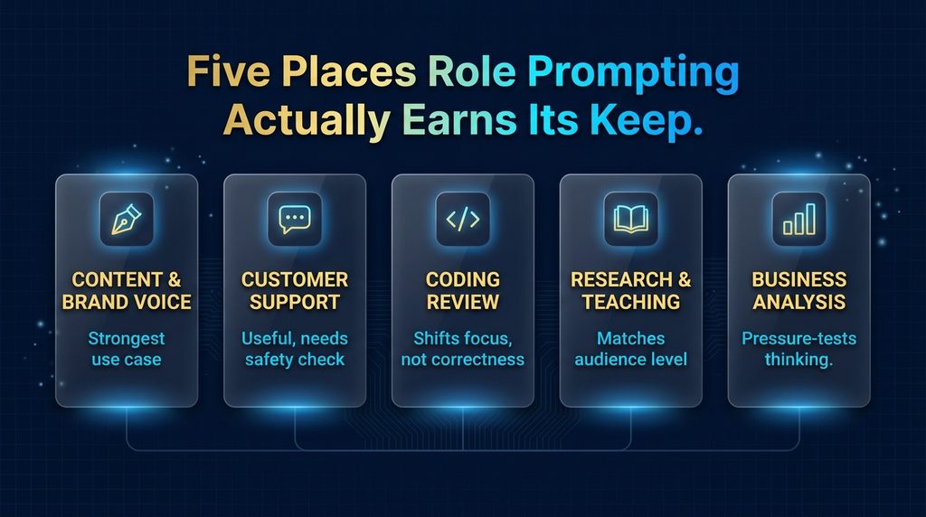 Comparison infographic showing how role prompting applies across five use cases: content writing, customer support, coding, research, and business analysis