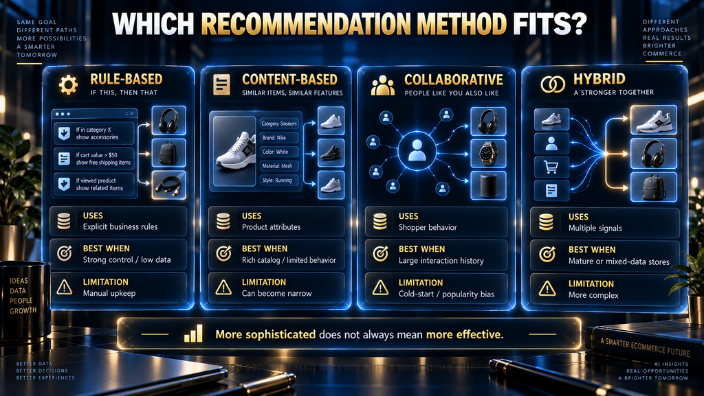 Comparison of rule-based, content-based, collaborative, and hybrid AI product recommendation methods.