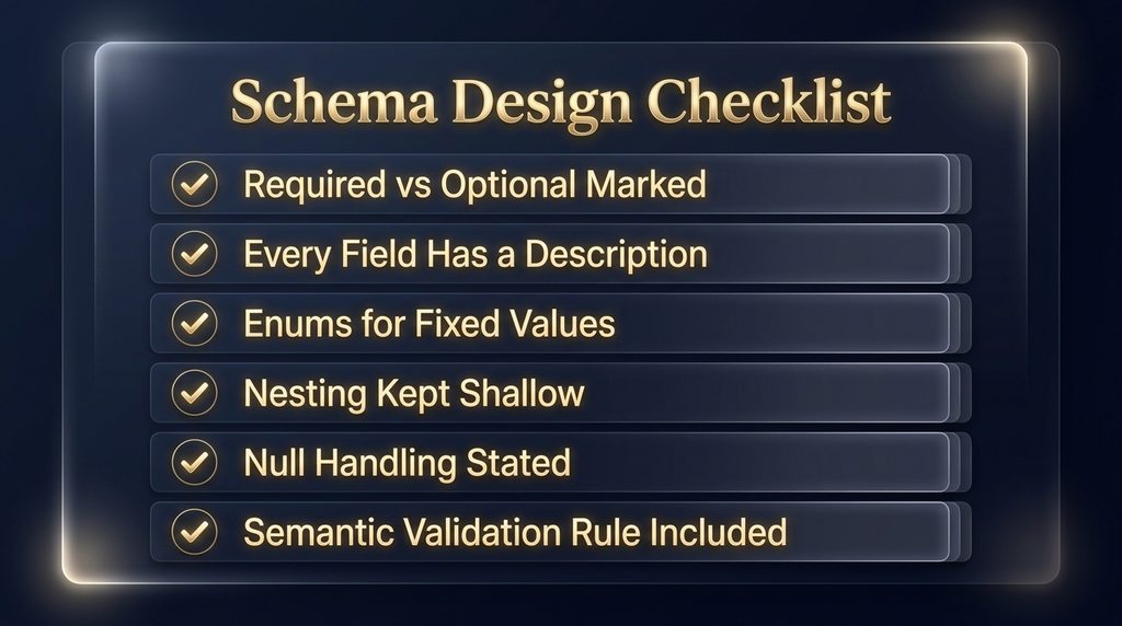 Checklist infographic for designing a reliable JSON extraction schema