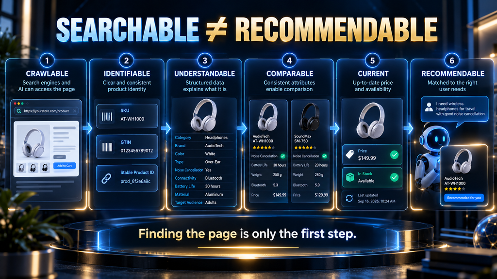 Diagram showing the difference between a product being searchable and being sufficiently structured for AI recommendation.