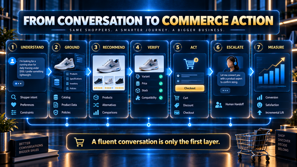 AI shopping assistant commerce chain from shopper intent to verified product recommendation, commerce action, escalation, and measurement.