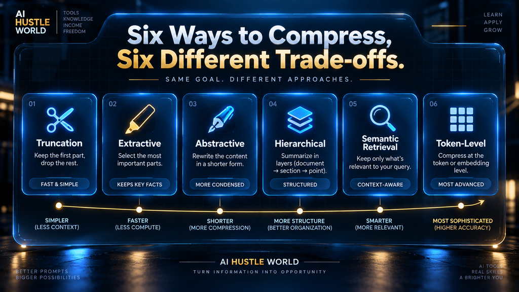 Diagram showing the six document compression approaches from truncation to token-level compression