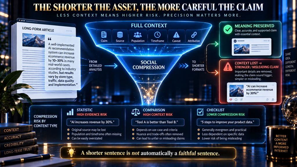 Content compression risk diagram showing how article statistics and comparisons can lose evidence when shortened for social media.
