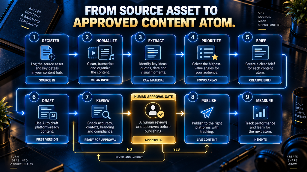 Nine-stage AI content atom workflow from source registration to measurement