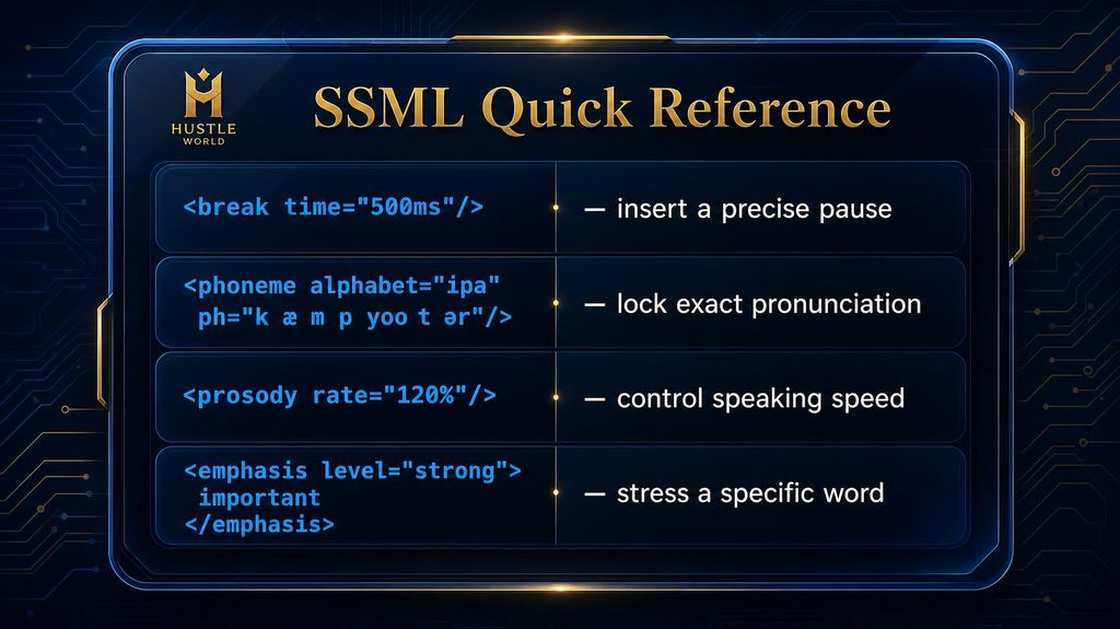 Quick reference card of core SSML tags used to control AI narration pacing and pronunciation