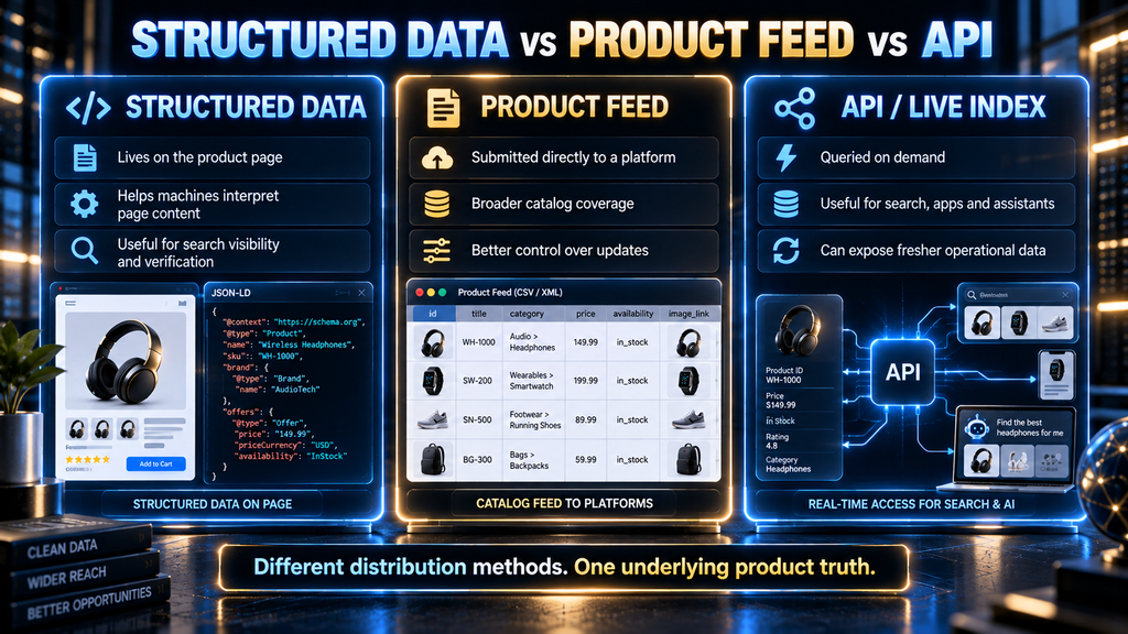 Comparison of product structured data, product feeds, and APIs for ecommerce search and AI product discovery.