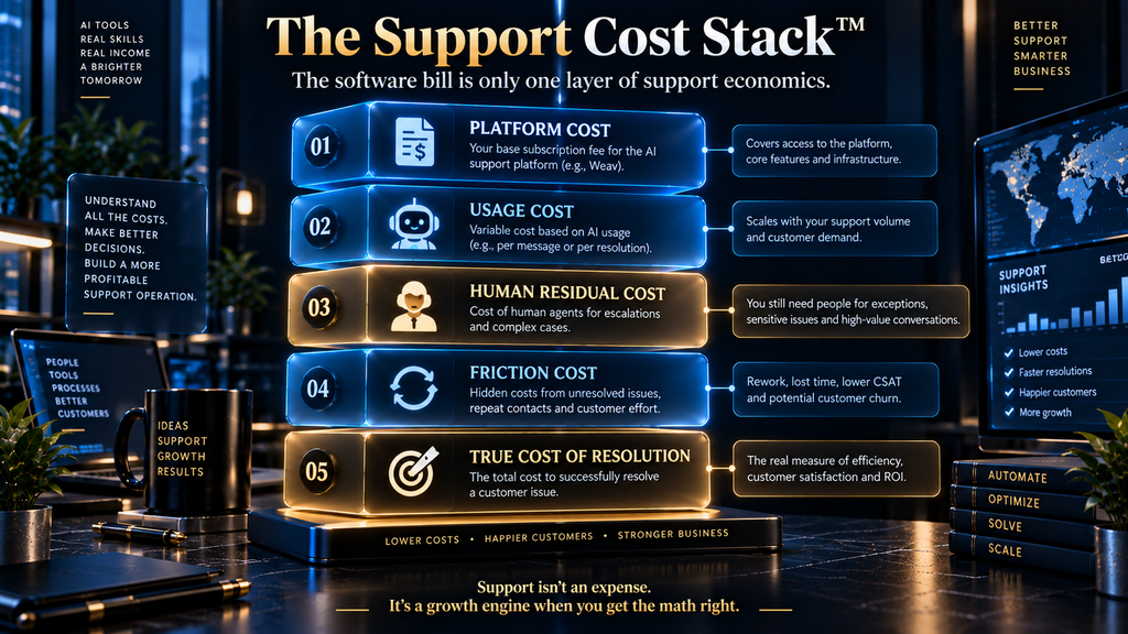AI Hustle World Support Cost Stack framework for calculating true AI customer support cost