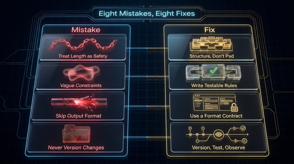 Eight common system instruction mistakes, compared against the fix for each