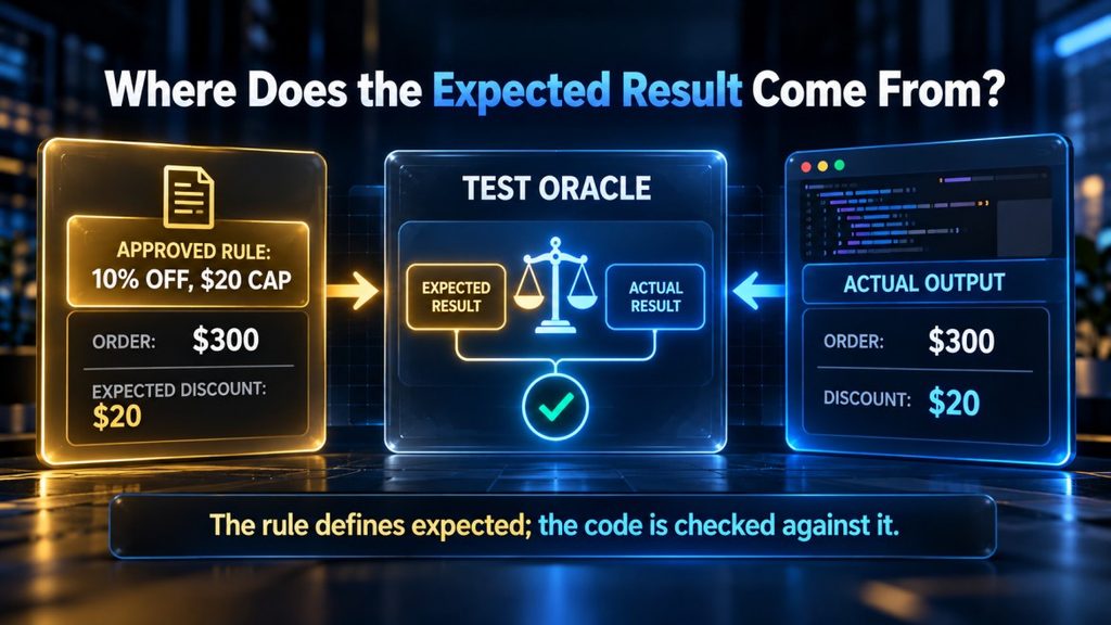 Test oracle diagram showing an approved requirement defining the expected result before code output is checked.