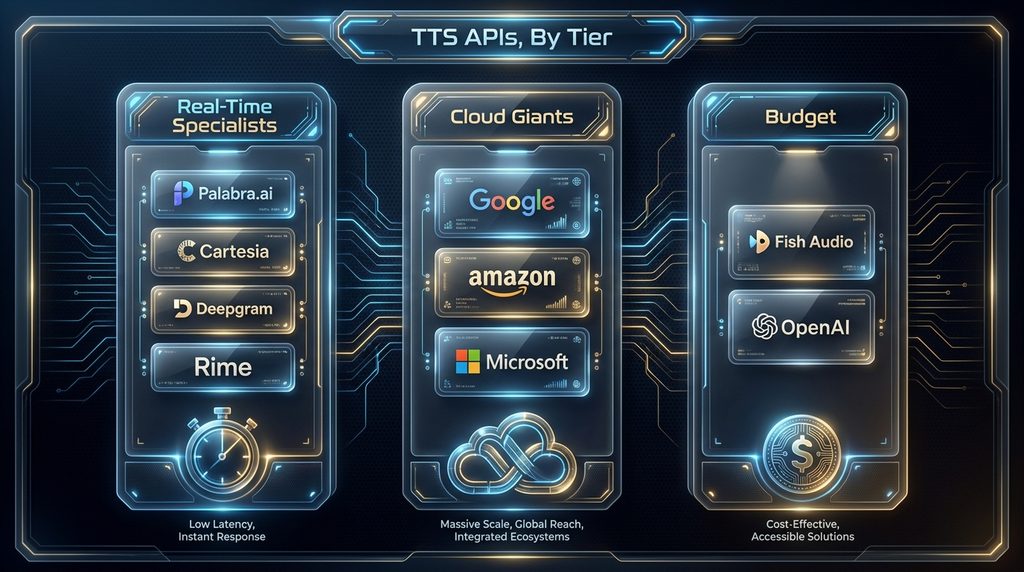 TTS APIs compared by tier: real-time specialists, cloud giants, and budget options 