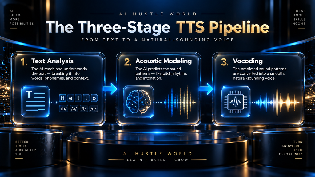 The three-stage AI text-to-speech pipeline: text analysis, acoustic modeling, vocoding