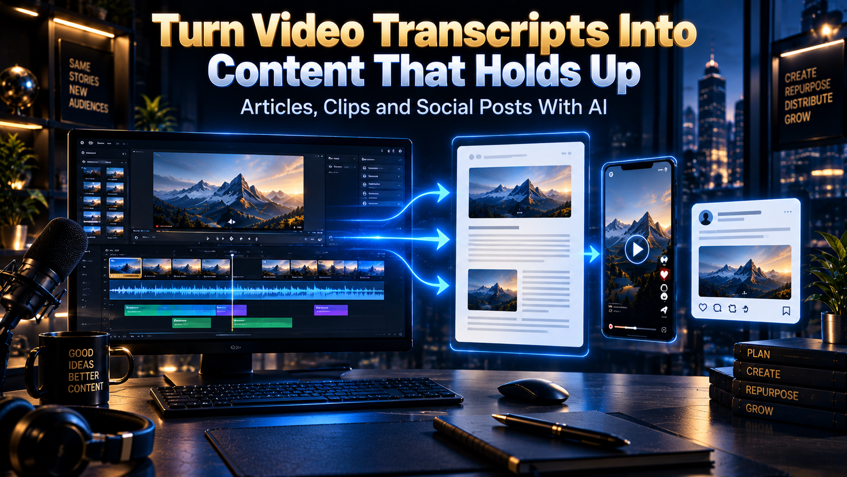 Hero image for turn video transcripts into articles, clips, and social posts with AI.