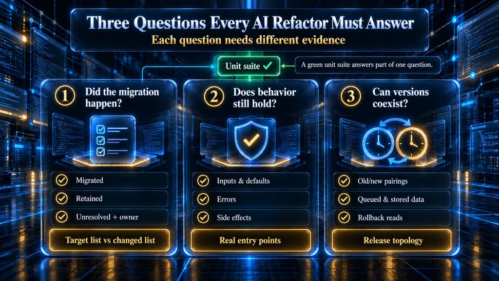 Comparison infographic of three verification questions for an AI code refactor: migration completeness, behavior preservation and version coexistence