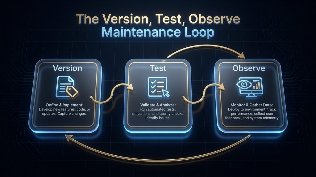 The version, test, observe discipline for maintaining a system prompt safely 
