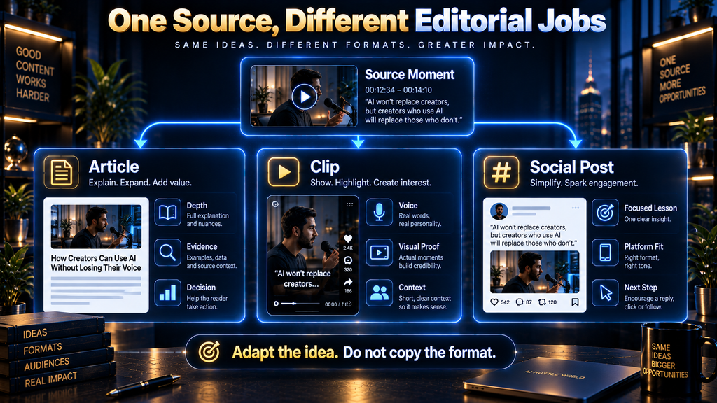 Comparison of how one transcript source moment becomes an article, video clip, and social post with different editorial jobs.