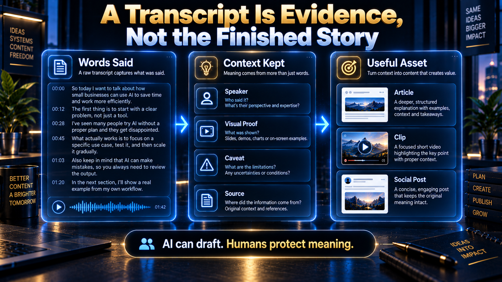 Infographic showing that a video transcript provides evidence but needs context before becoming an article, clip, or social post.