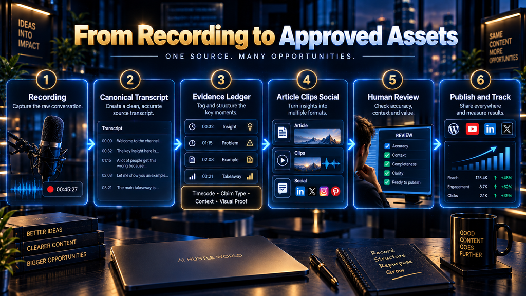  Process infographic showing a video recording becoming a reviewed transcript, evidence ledger, article, clips, social posts, and approved publication.