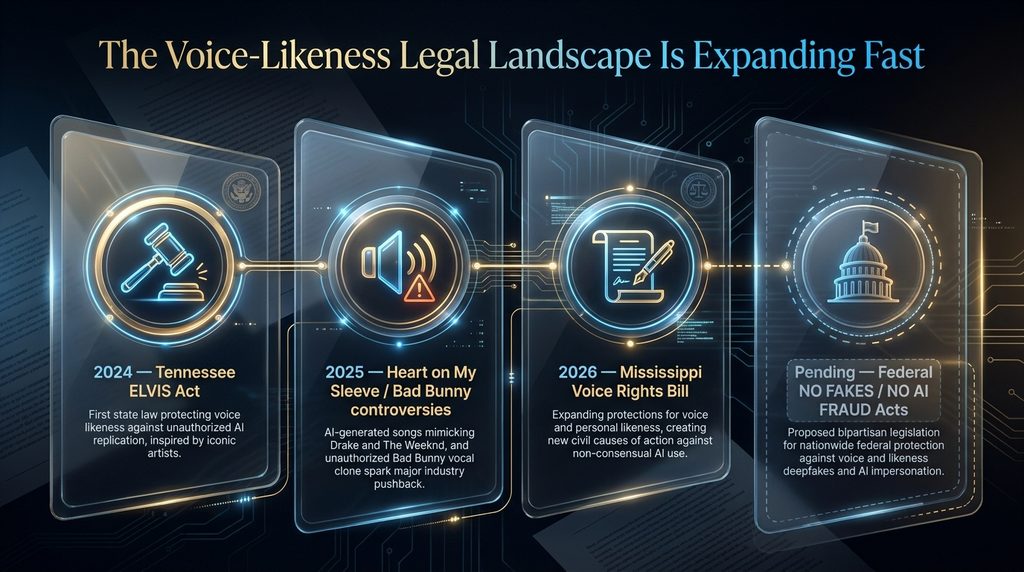 Timeline of state and federal voice-likeness laws expanding in 2024-2026 