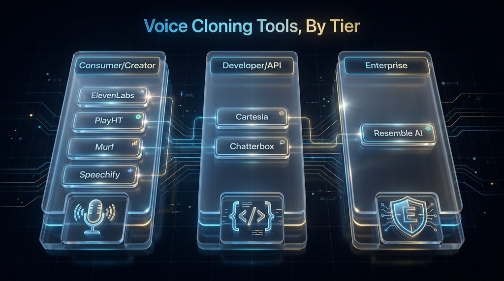 Voice cloning tools compared by tier: consumer, developer, and enterprise