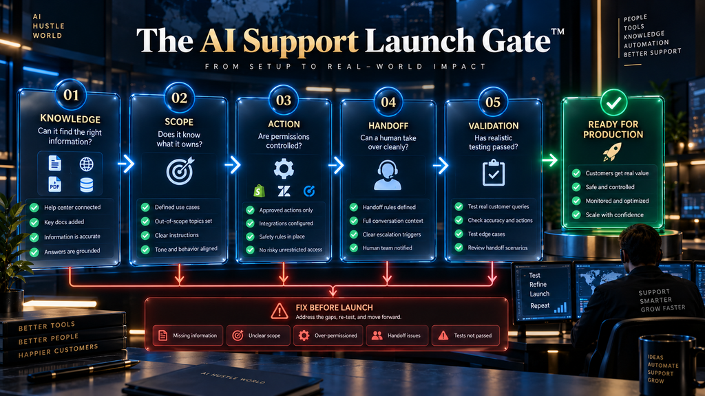AI Hustle World AI Support Launch Gate framework for validating a Weav agent before deployment