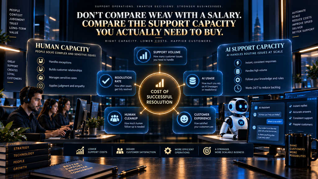 Final AI Hustle World decision framework for evaluating Weav pricing against human support capacity