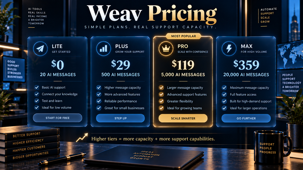 Weav Lite Plus Pro and Max pricing plans compared by monthly cost and AI messages