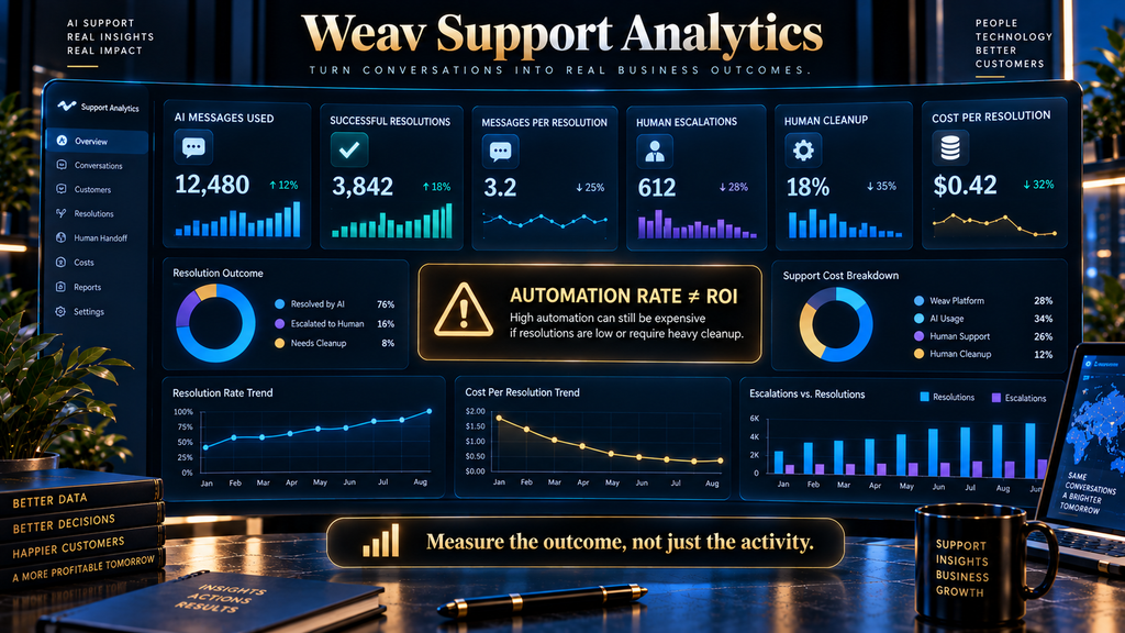 Weav AI support KPI dashboard showing messages per resolution cost per resolution escalation and human cleanup
