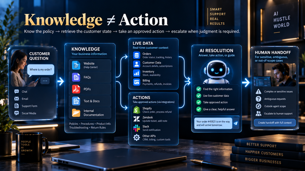 Weav AI support workflow showing knowledge retrieval, live data, actions and customer resolution