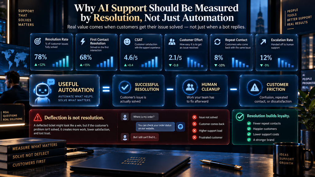 AI customer support KPI framework comparing resolution, deflection, customer friction and human cleanup