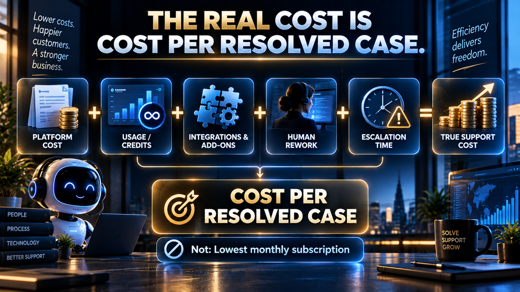 AI customer-support economics framework showing platform cost, usage, integrations, human rework, and escalation time contributing to total cost per resolved case.