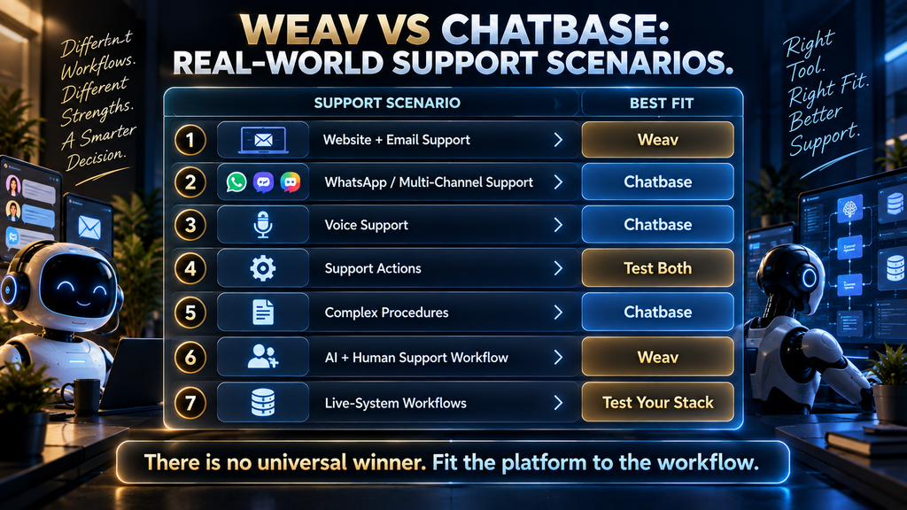 Weav versus Chatbase decision matrix comparing website and email support, WhatsApp, voice, support actions, complex procedures, human workflow, and live-system use cases.