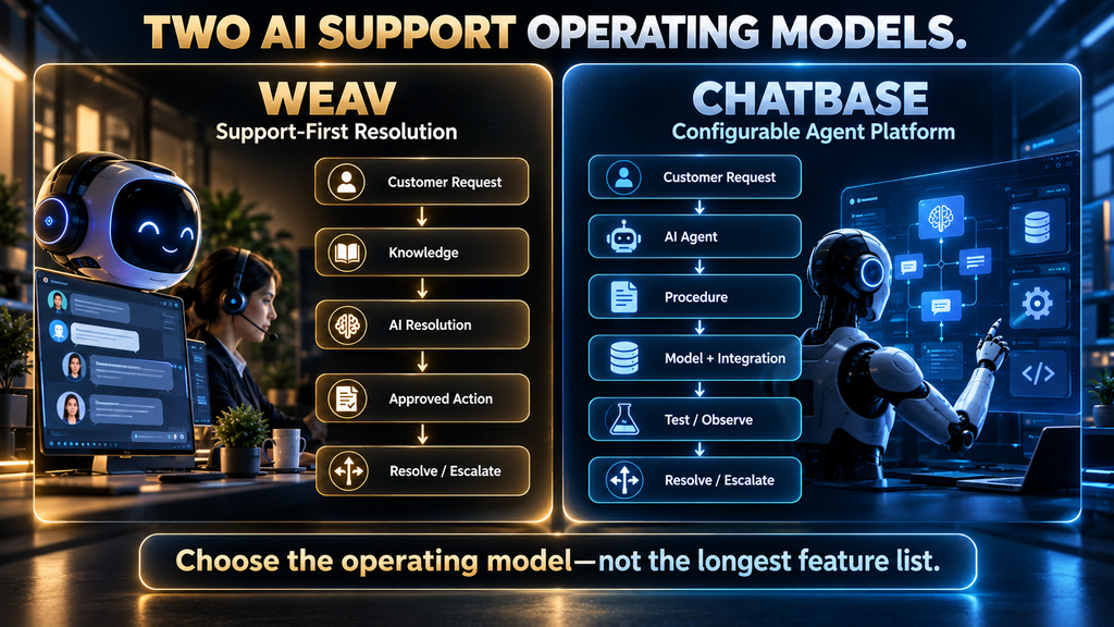 Information diagram comparing Weav's support-first resolution workflow with Chatbase's configurable AI-agent workflow.