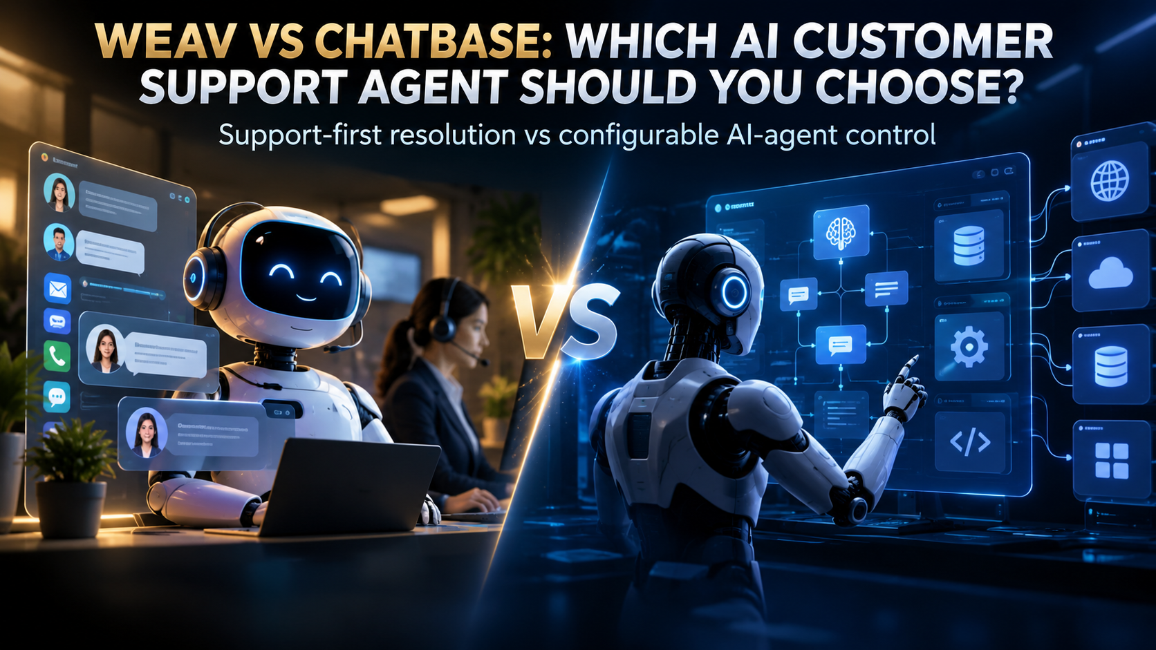 Weav vs Chatbase comparison showing two approaches to AI customer support: support-first resolution and configurable AI-agent control.