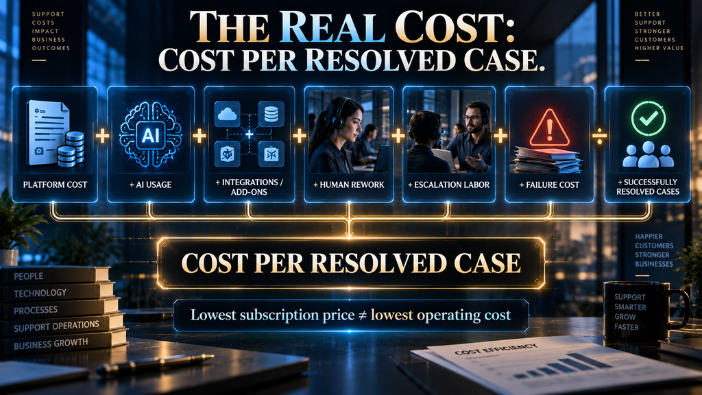 AI support cost framework showing platform fees, AI usage, integrations, human rework, escalation labor, and successful outcomes.