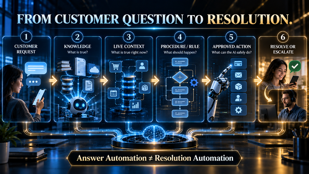 Customer support workflow showing how Weav and Fin move from a customer question through knowledge, live data, procedures, actions, and resolution.