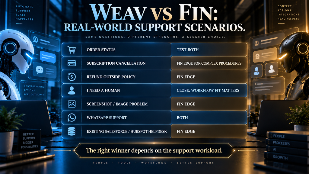 Weav versus Fin decision matrix comparing order status, subscription cancellation, refunds, human escalation, image support, and multi-channel support.