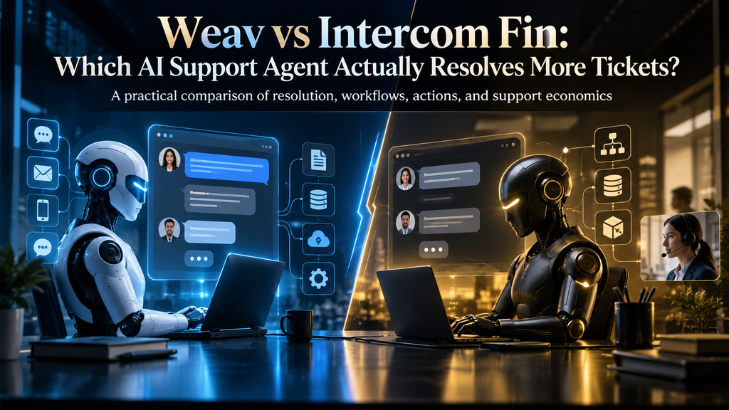 Weav vs Intercom Fin AI support agent comparison showing two approaches to resolving customer support requests.