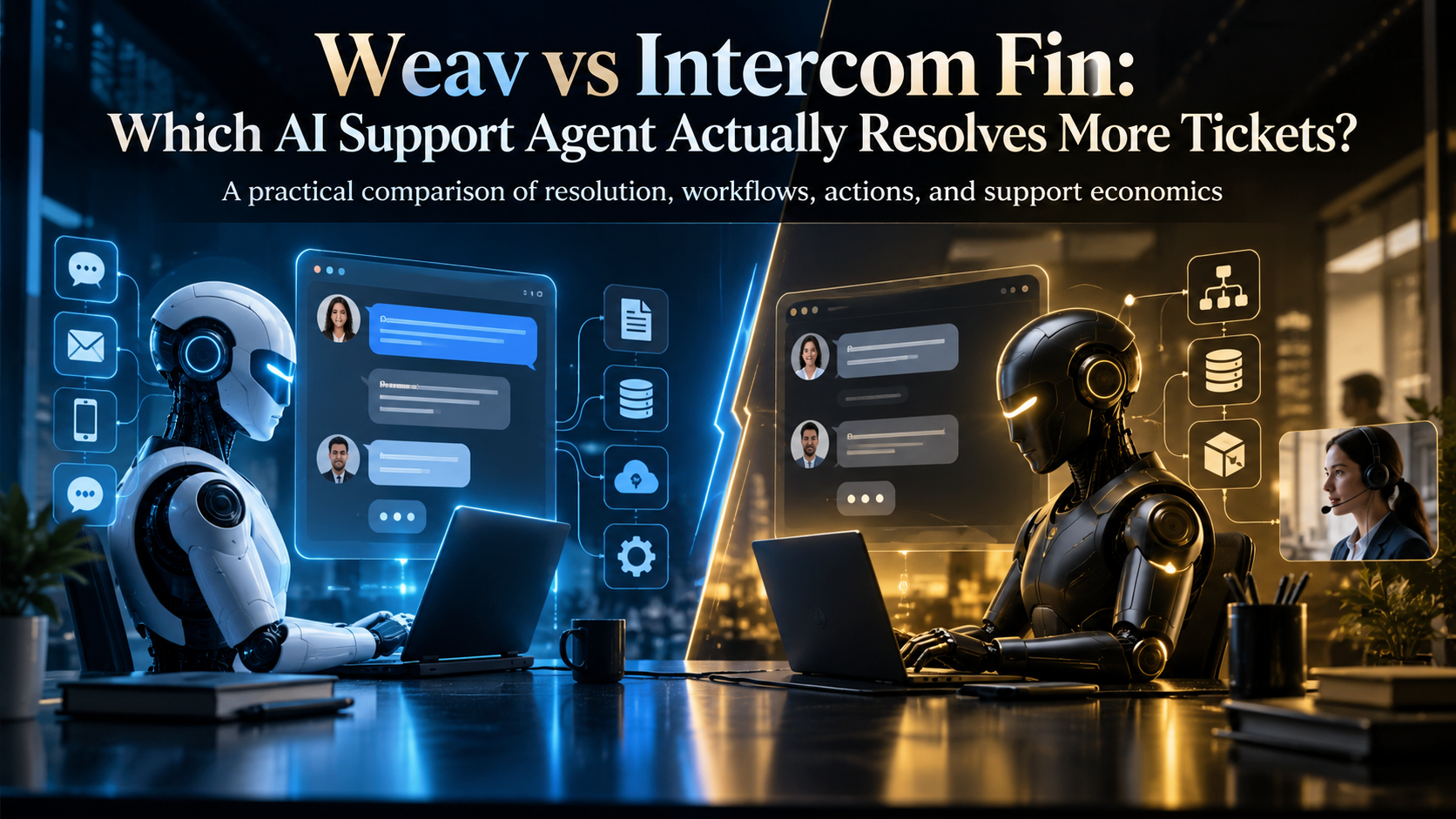 Weav vs Intercom Fin AI support agent comparison showing two approaches to resolving customer support requests.