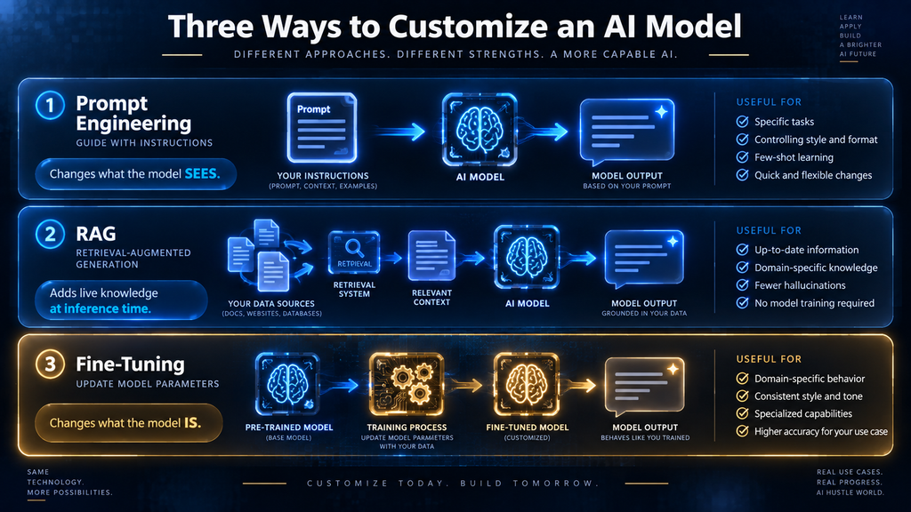 Fine-tuning vs prompt engineering vs RAG — how each approach customizes AI model behavior