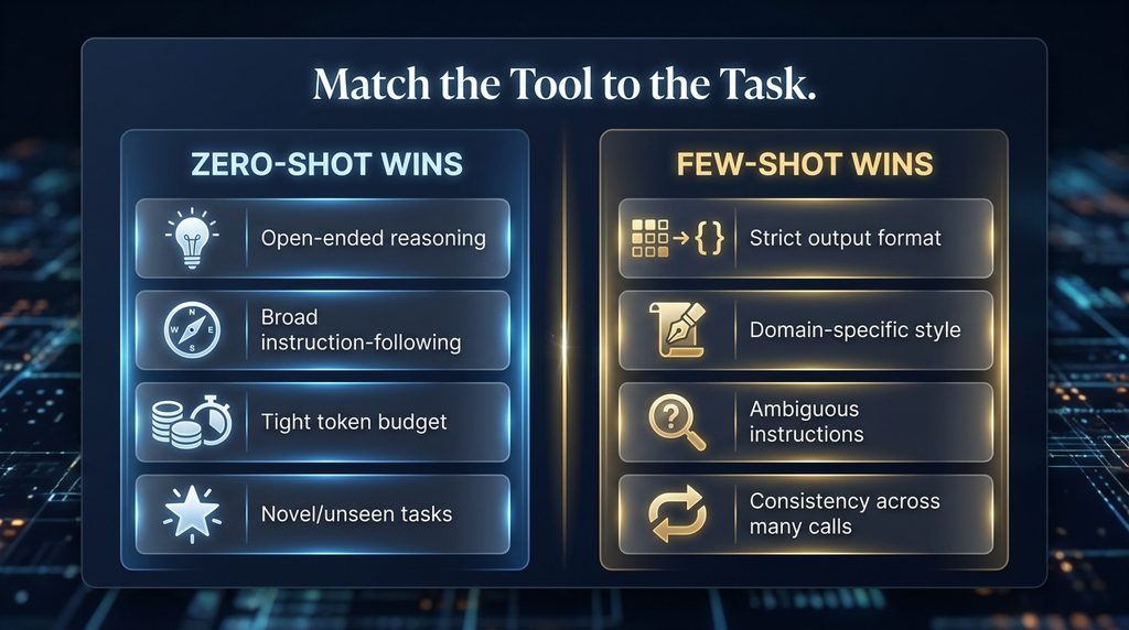 Comparison matrix showing task types best suited to zero-shot versus few-shot prompting