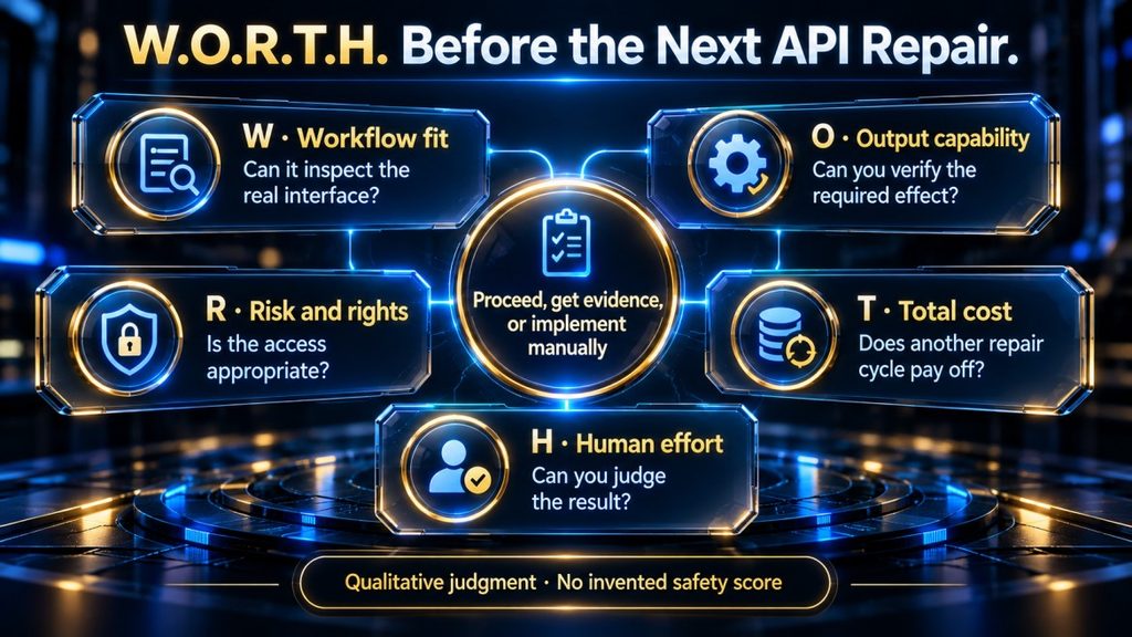 W.O.R.T.H. framework connecting workflow fit, output capability, risk and rights, total cost, and human effort to an API-repair decision.