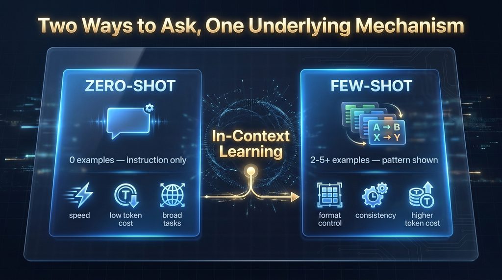 Diagram defining zero-shot prompting and few-shot prompting side by side with example counts