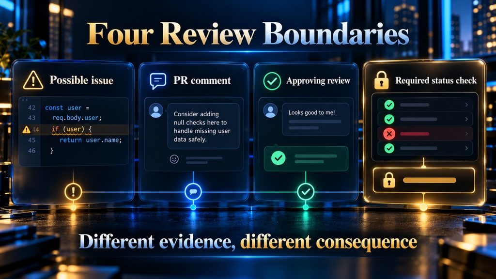 Diagram distinguishing an AI finding, pull-request comment, approving review and required status check. 